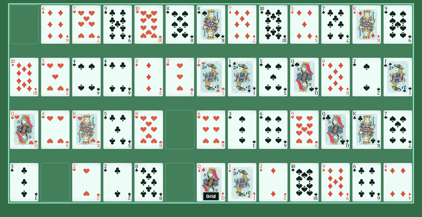 Opening deal of Addiction Solitaire: a 4 × 13 grid of face-up cards with the Grid area labeled and four gaps left by the removed aces