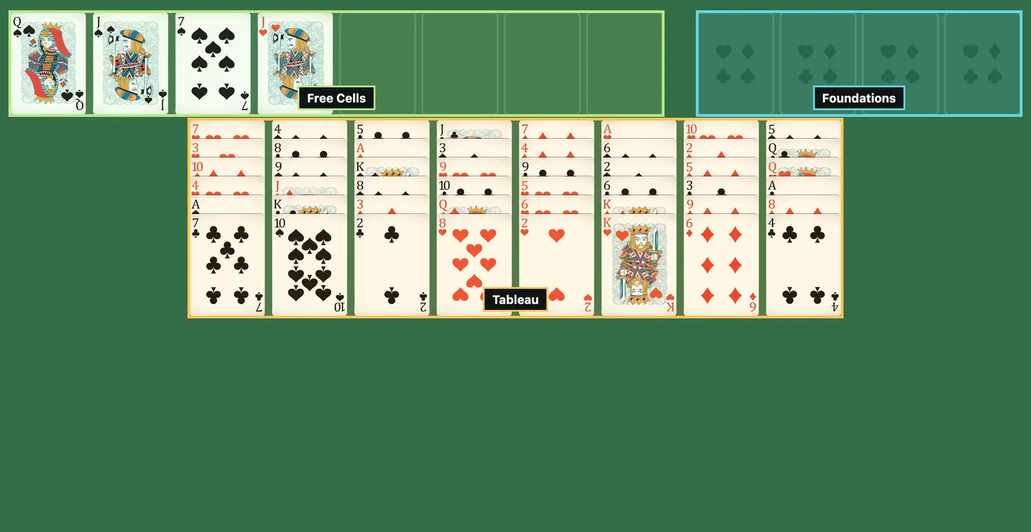 Opening Eight Off deal: eight tableau columns of six face-up cards, eight cells at the top left with the first four already holding cards, and four foundations still empty on the right