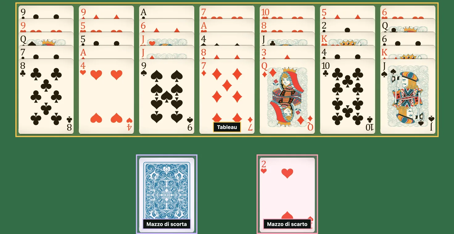 Distribuzione iniziale del Solitario Golf: sette colonne da cinque carte tutte scoperte, sotto il mazzo coperto da cui si pesca e una carta già girata sugli scarti