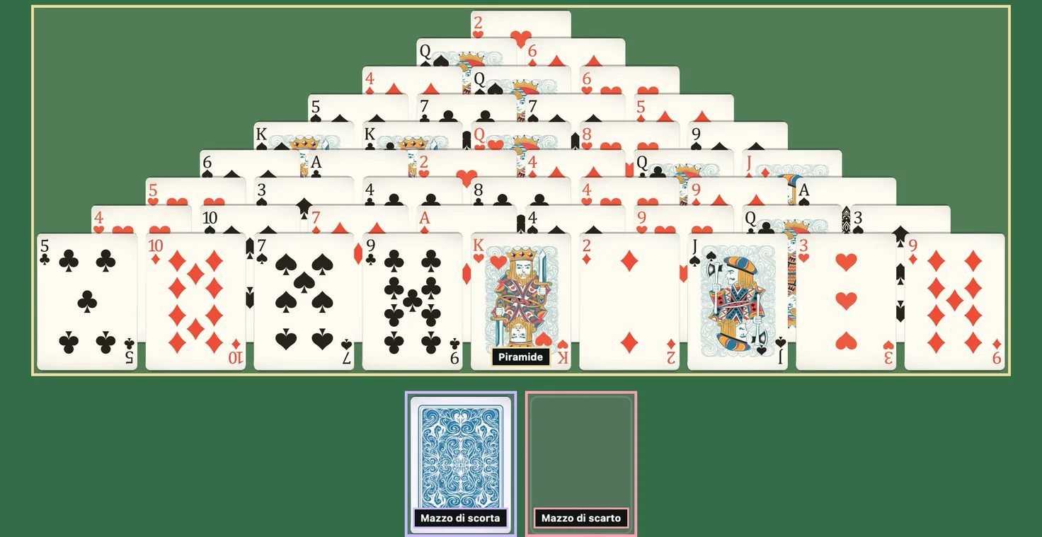 Distribuzione iniziale della Piramide Doppia: nove file di carte scoperte, il tallone coperto e la pila degli scarti ancora vuota
