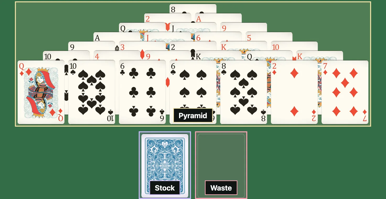 Opening deal of Pyramid Solitaire with the Pyramid, Stock and Waste areas labeled