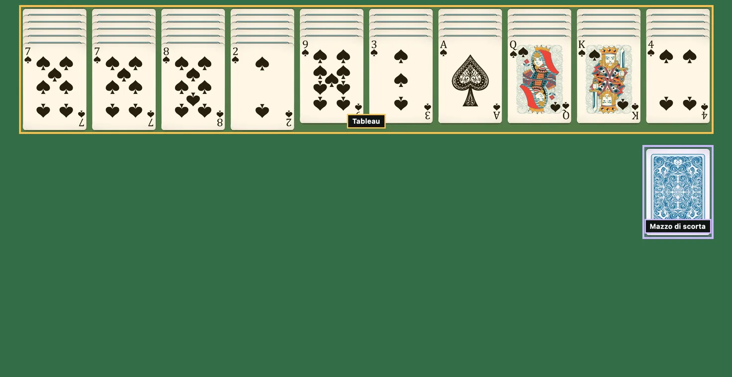 Distribuzione iniziale del Solitario Spider a 1 seme: dieci colonne con una sola carta scoperta ciascuna, tutte di picche ♠️, e il mazzo di scorta coperto sulla destra