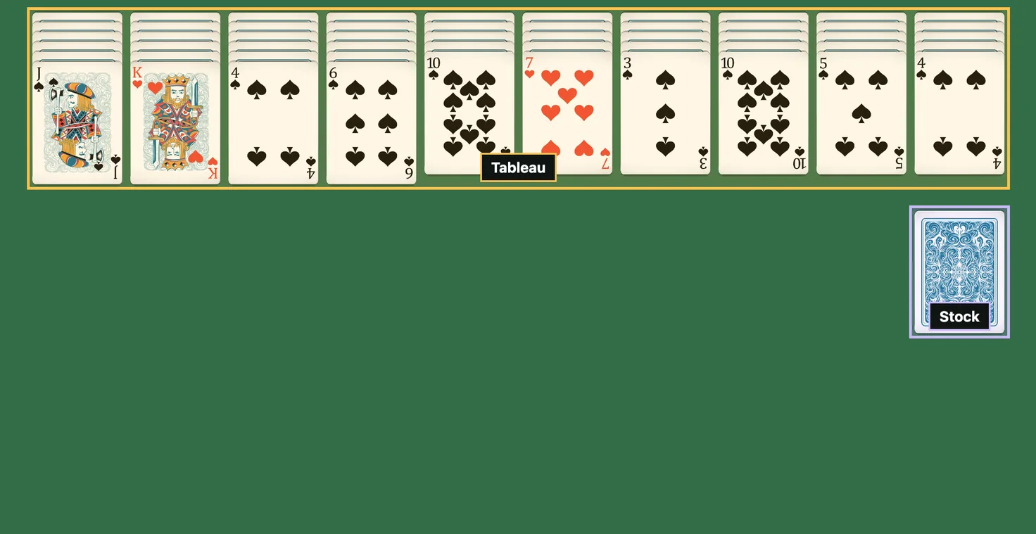 Opening deal of two-suit Spider Solitaire: ten tableau columns with a single face-up card each, and the stock at the lower right