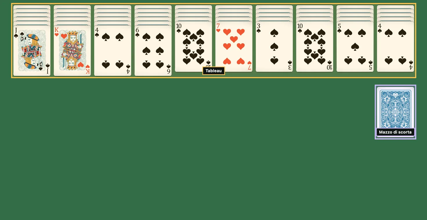 Distribuzione iniziale del Solitario Spider a 2 semi: dieci colonne con una carta scoperta ciascuna, otto di picche ♠️ e due di cuori ♥️, e il tallone in basso a destra