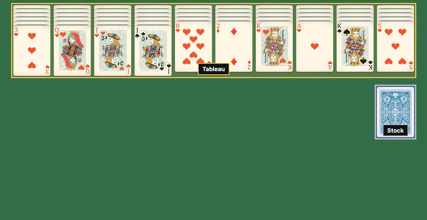 Opening deal of four-suit Spider Solitaire: ten tableau columns with one face-up card each and the stock pile to the right