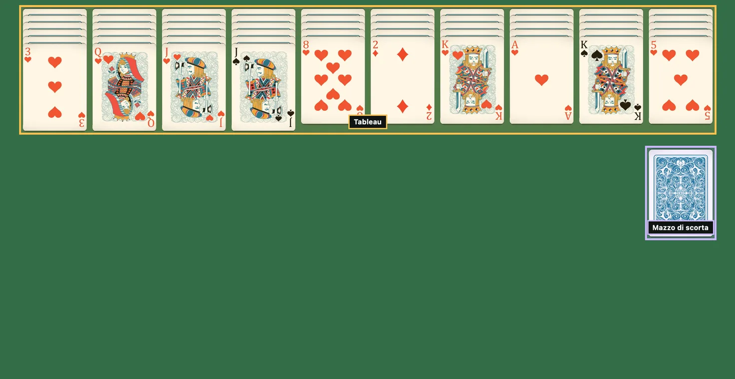 Distribuzione iniziale del Solitario Spider a 4 semi: dieci colonne, una carta scoperta per ciascuna, e le 50 carte del tallone in attesa a destra